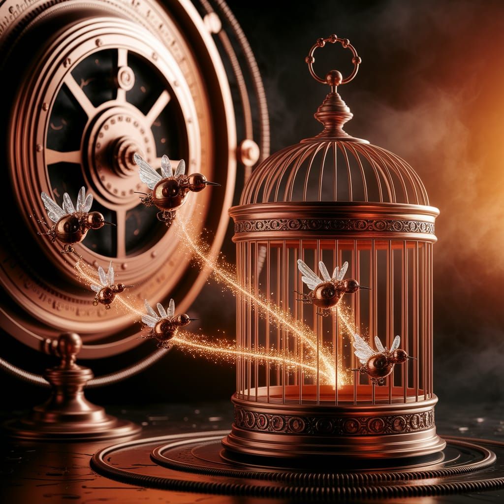 Steampunk Clockwork Birdcage With Escaping Robotic Birds