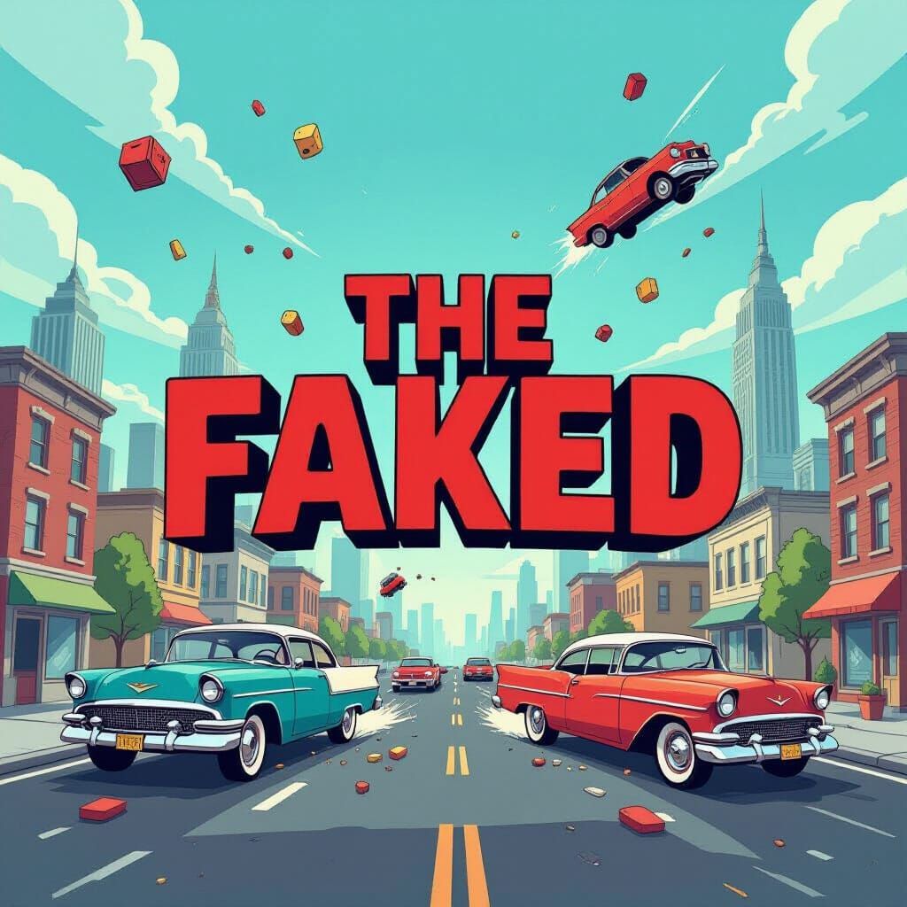 Bold Indie Game Title "The Faked" with City Chaos