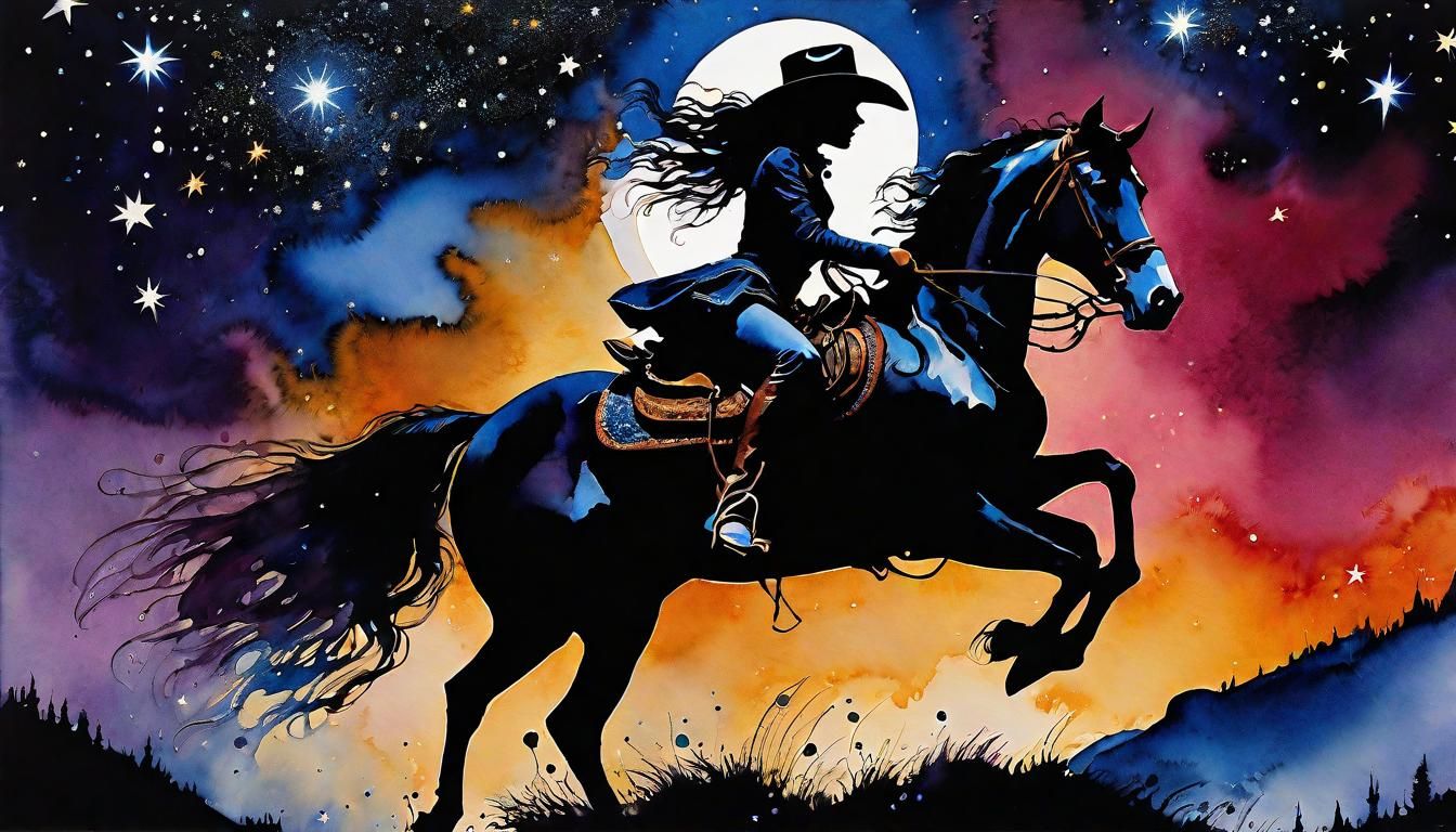 Cowgirl's Starry Night Fantasy in Gouache Style