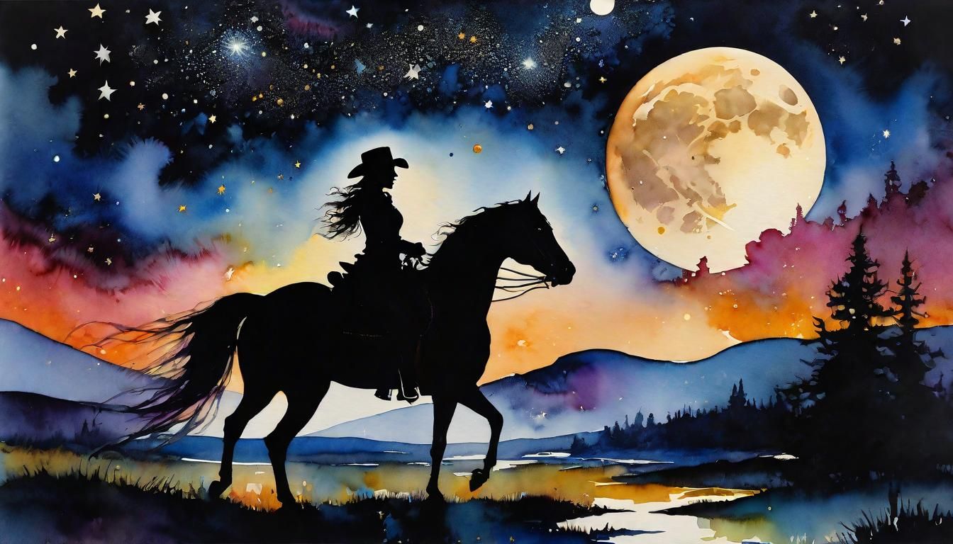 Cowgirl's Starry Night: A Gouache-Style Impressionist Master...