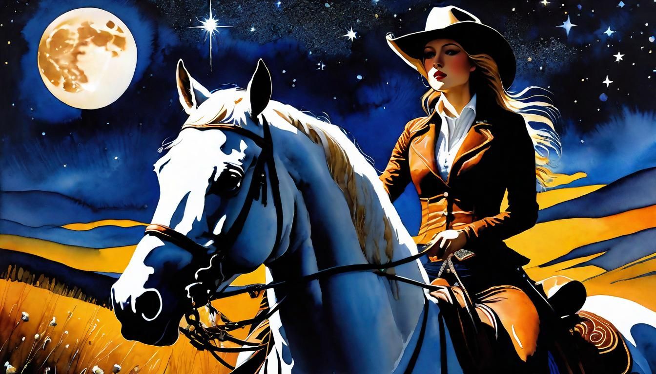 Cowgirl's Starry Night: Gouache Impasto Fantasy Art