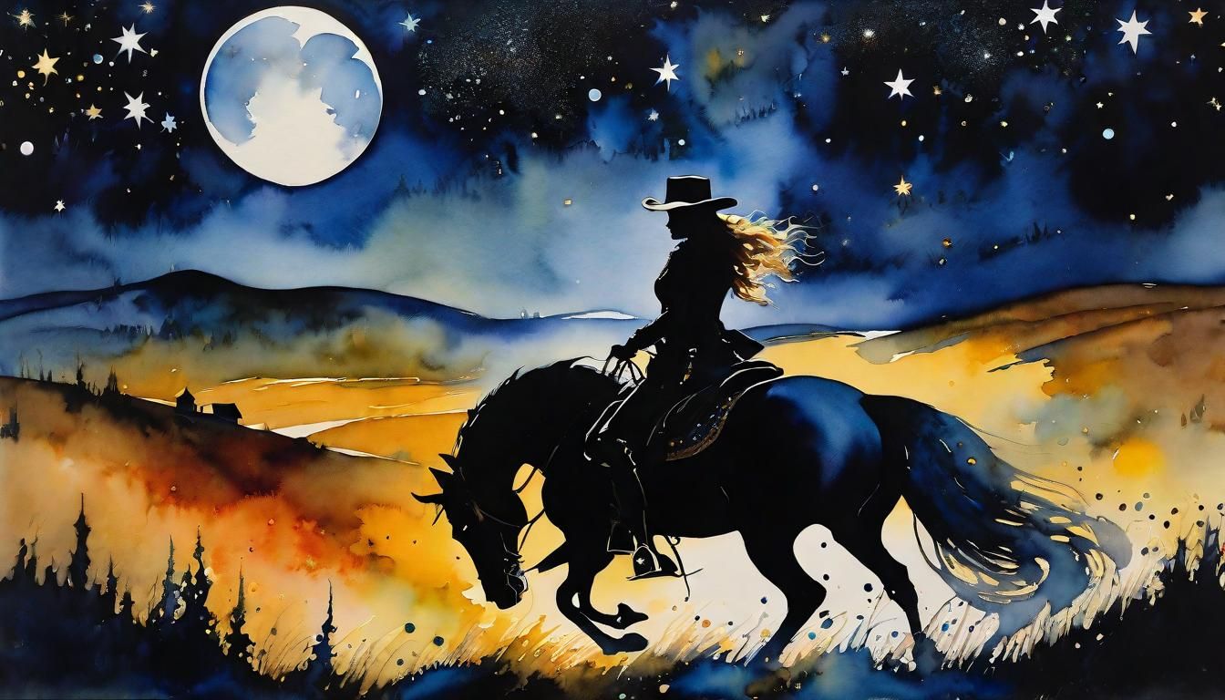 Cowgirl's Starry Night: An Impasto Gouache Painting