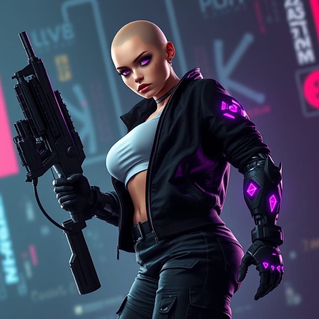 Cyborg Woman with Cyberpunk Tattoos and Gun