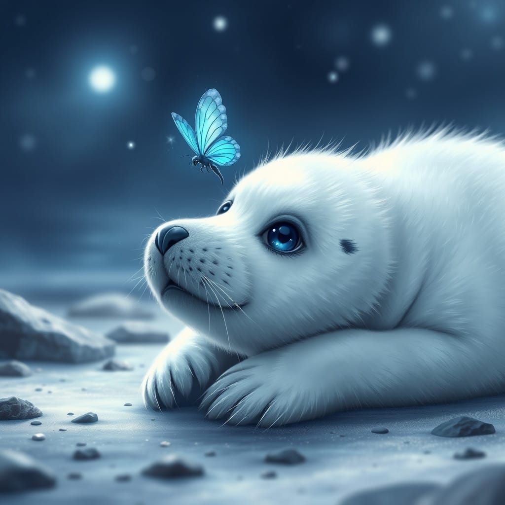 Magical White Baby Seal Surrounded by a Blue Firefairy