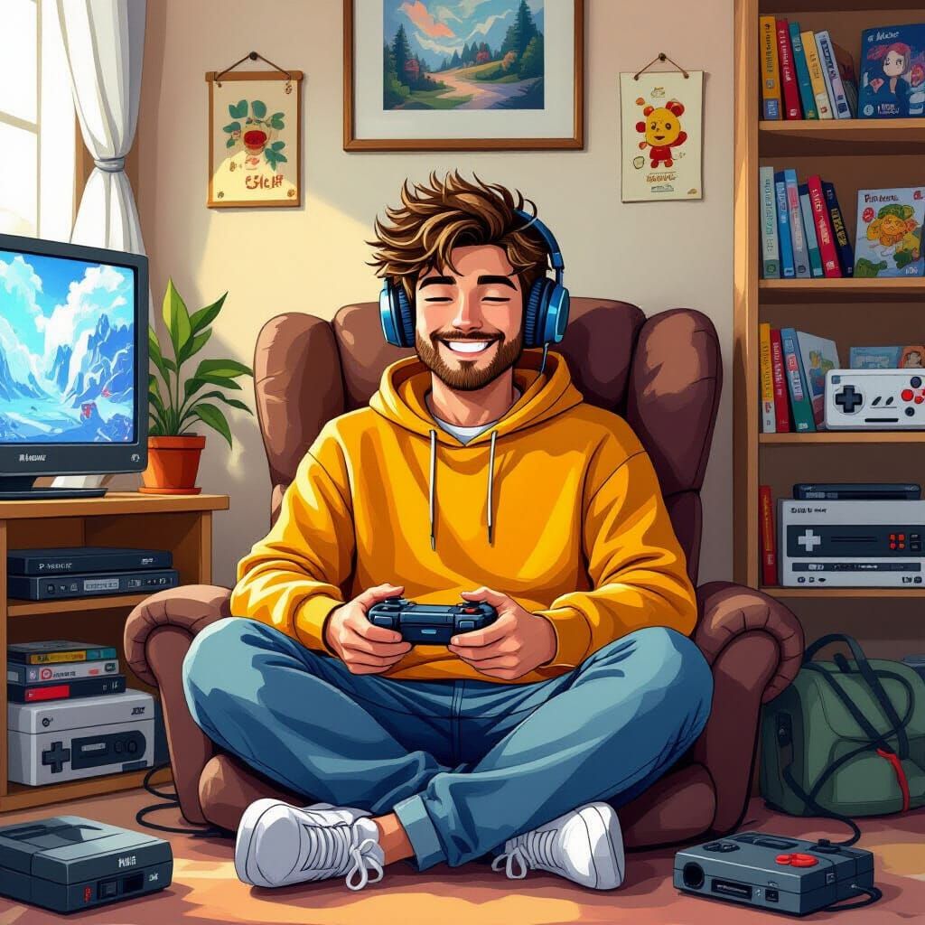 Senior Gamer in Cozy Room: Stylized Digital Illustration