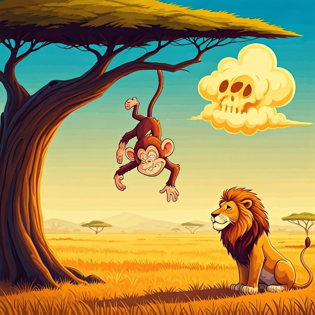 Cartoon Monkey Falling in Savanna, Looney Tunes Style
