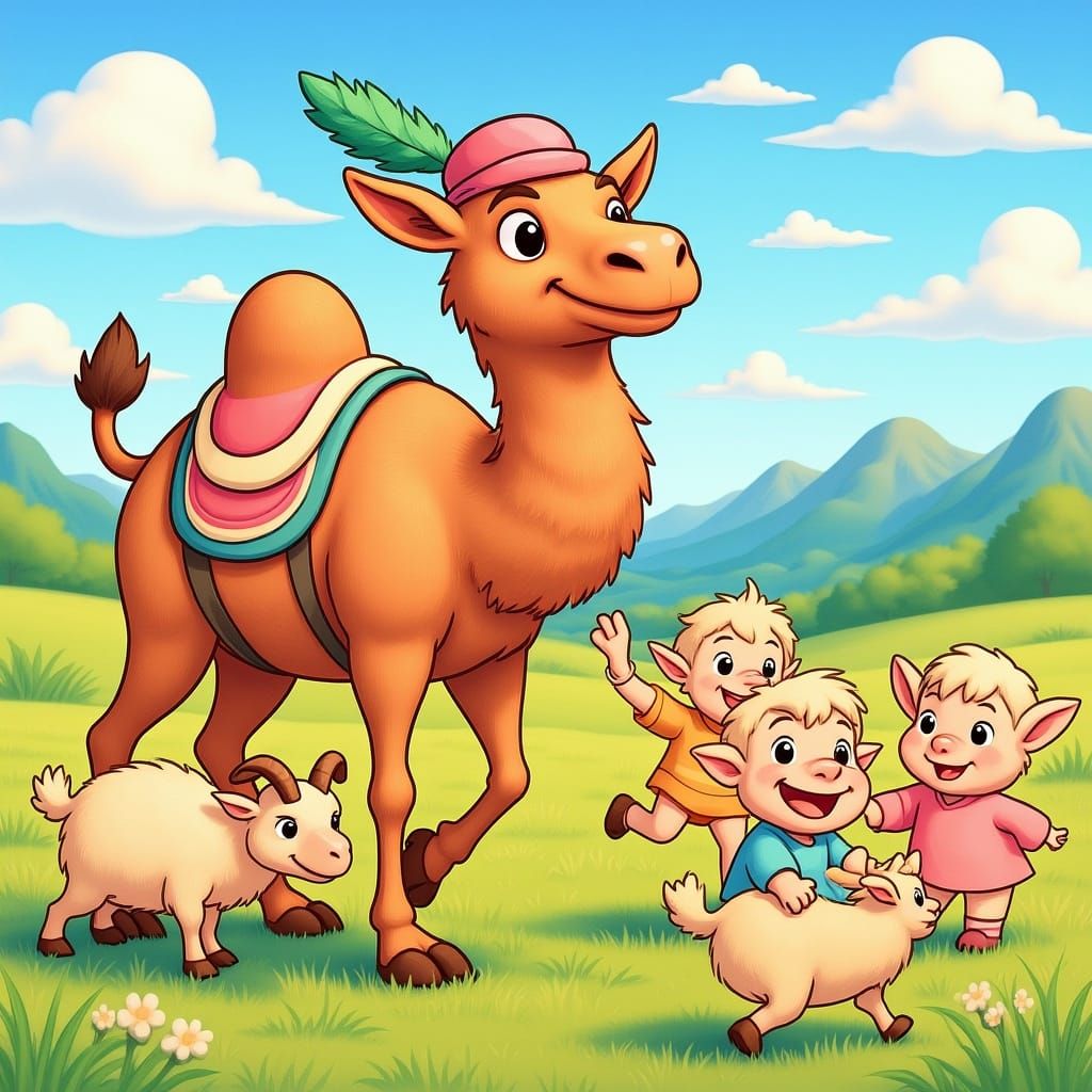 Camel Greets Goats in Whimsical Surrealist Style
