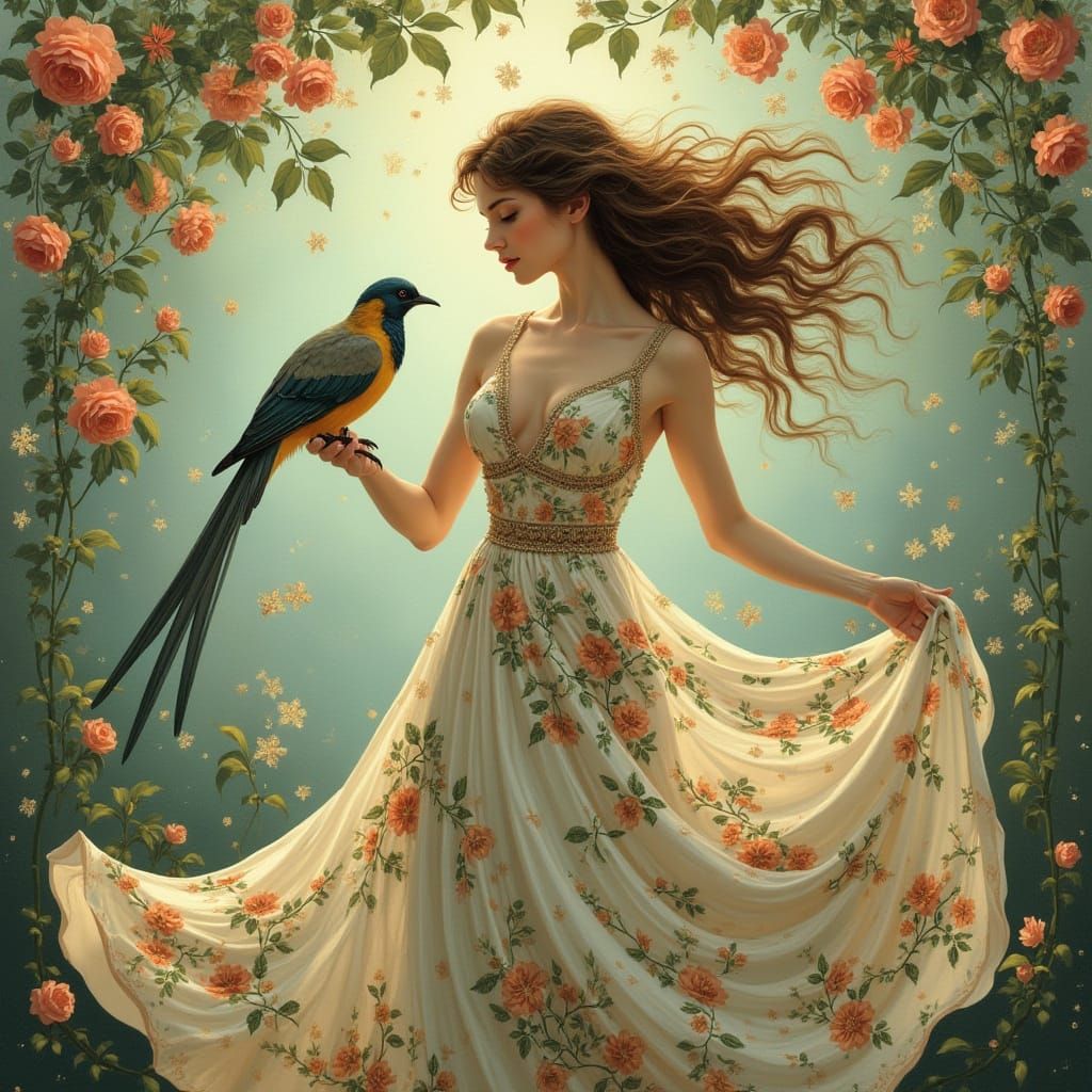 Ethereal European Woman in Floral Spring Robe, Radiant Aura,...