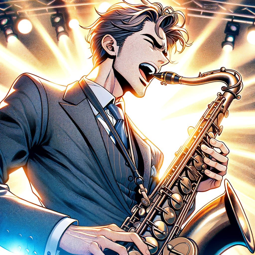 Saxophone Player on Stage in Manga Style