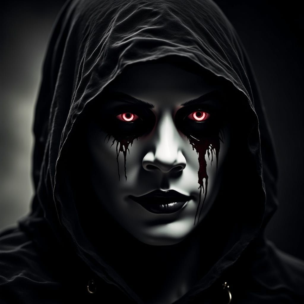 Scary Masked Figure with Piercing Eyes and Blood