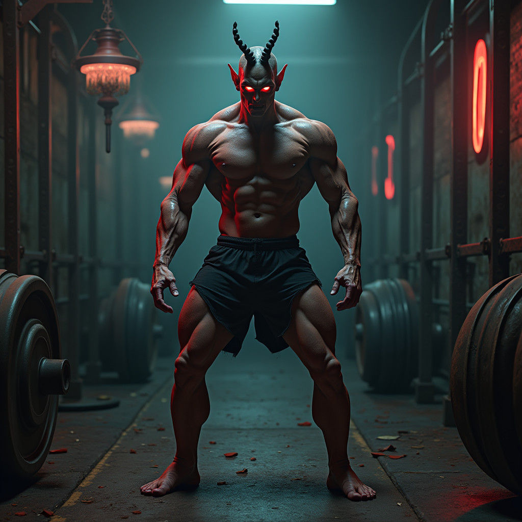 Muscular Figure with Demonic Eyes in Dark Gym