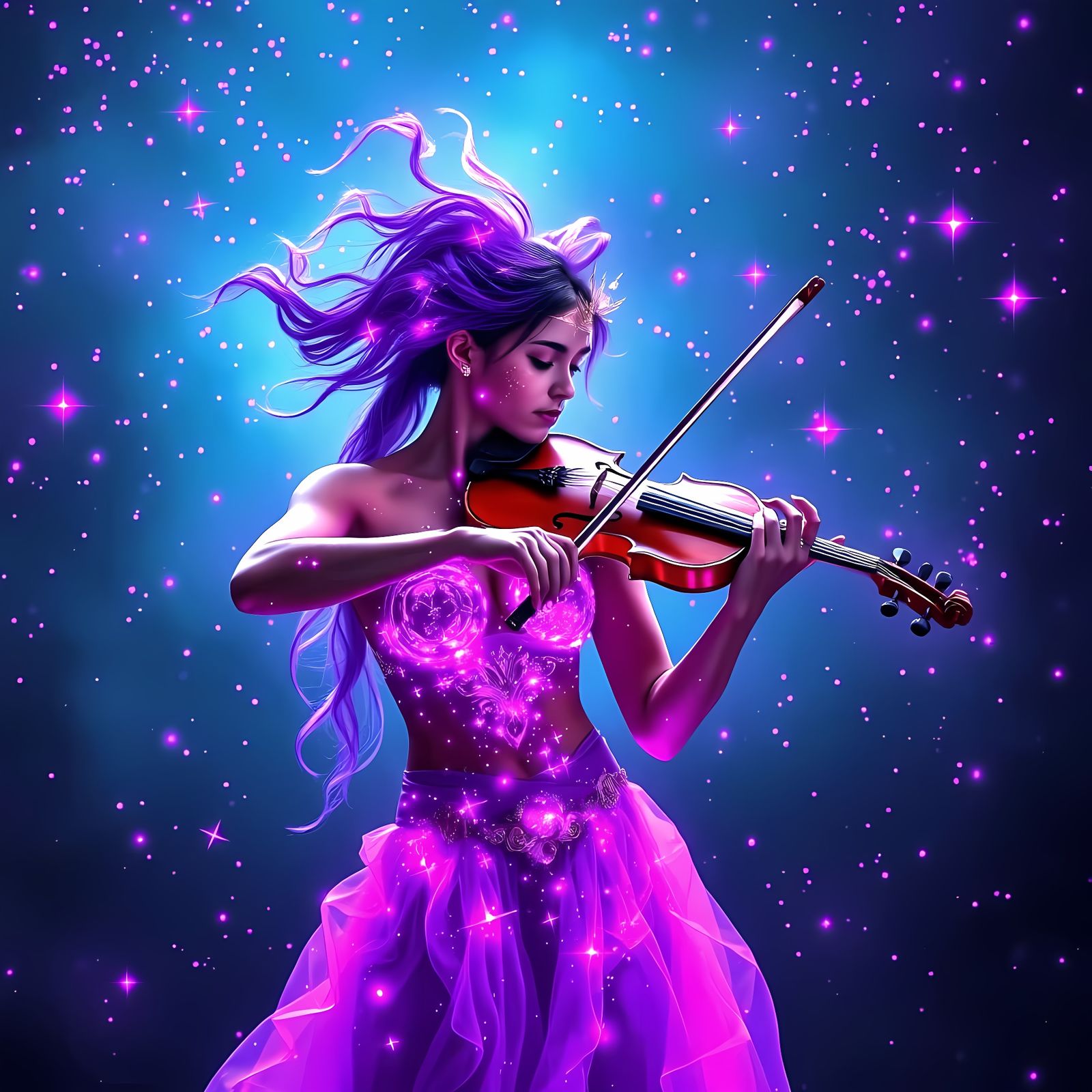 Topless Woman Plays Violin Amidst Purple Lava Stars