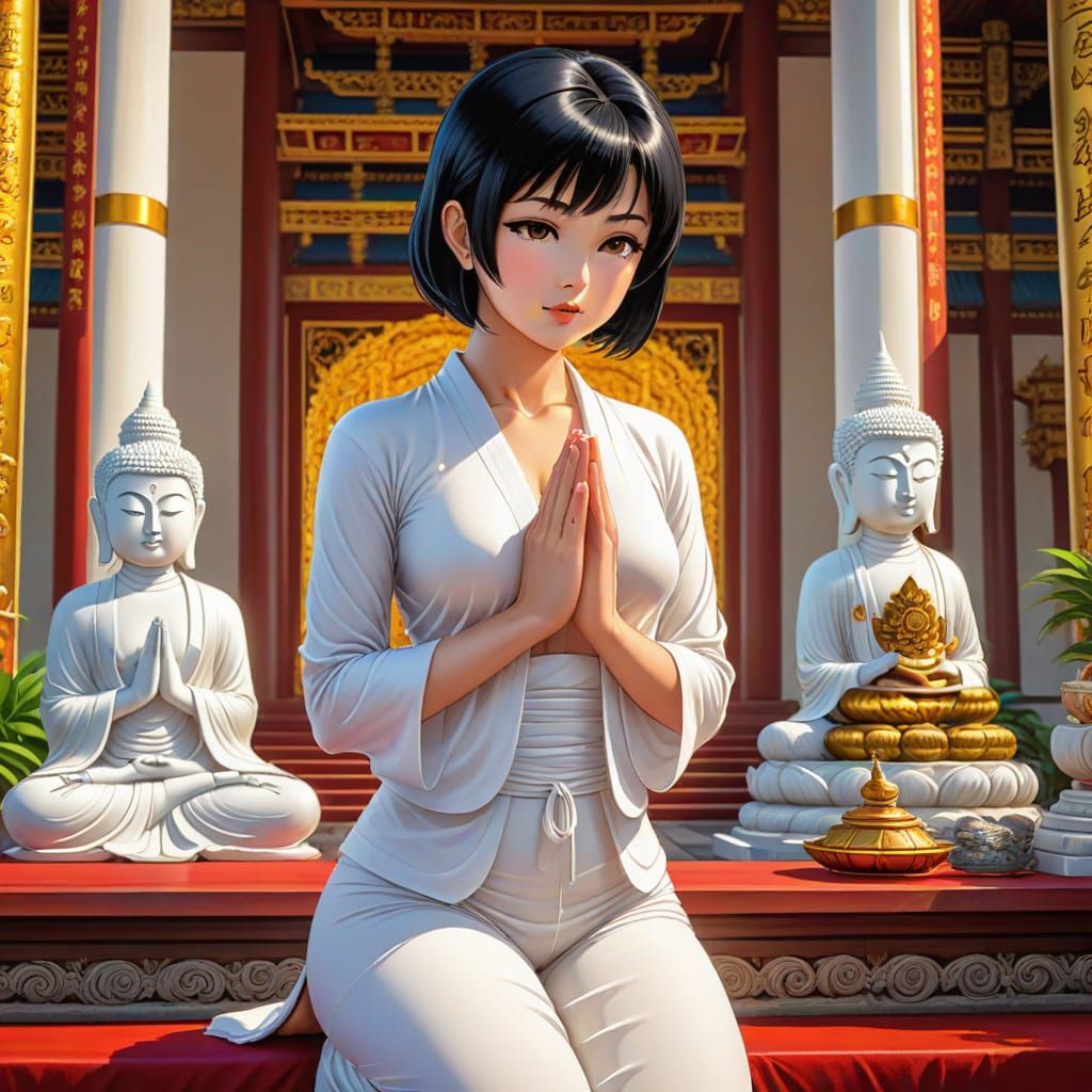 Anime Woman Praying in Thailand Temple in Manga Style