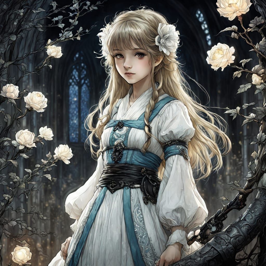 A Young Girl Surrounded by Vibrant Roses in Whimsical Art St...