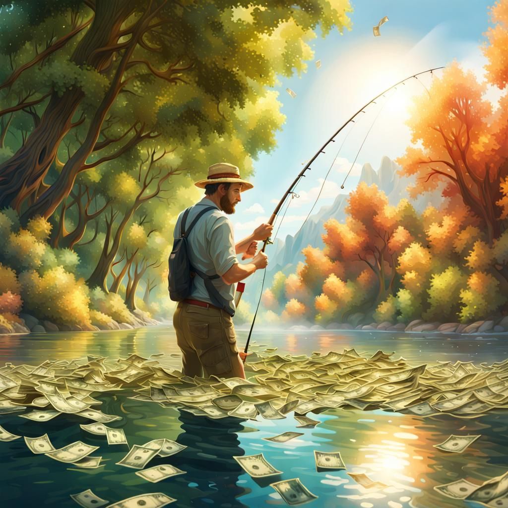 Man Fishing in River of Money, Digital Illustration