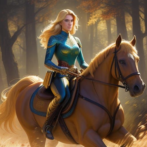 Blonde Woman Riding Horse in Forest Comic Art