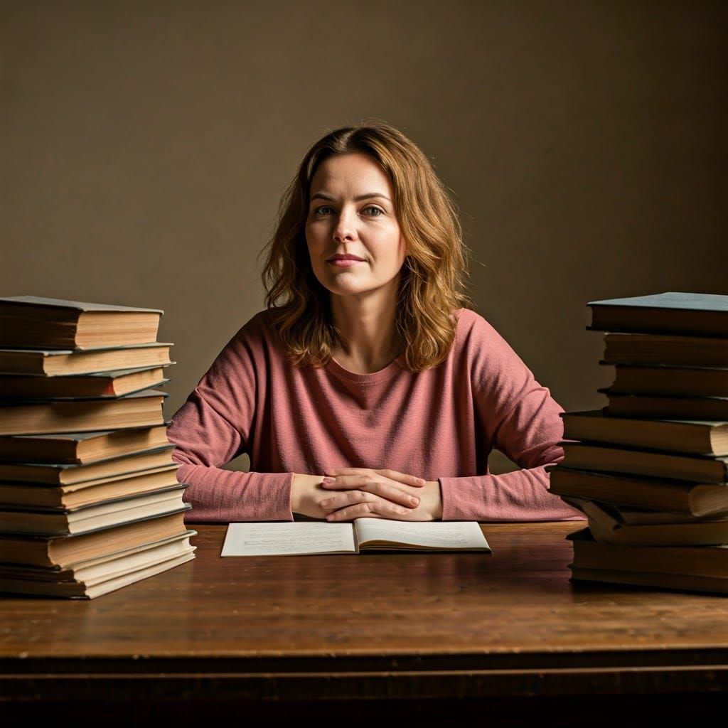A Woman in Warm, Soft Light Surrounded by Old Books and Pape...