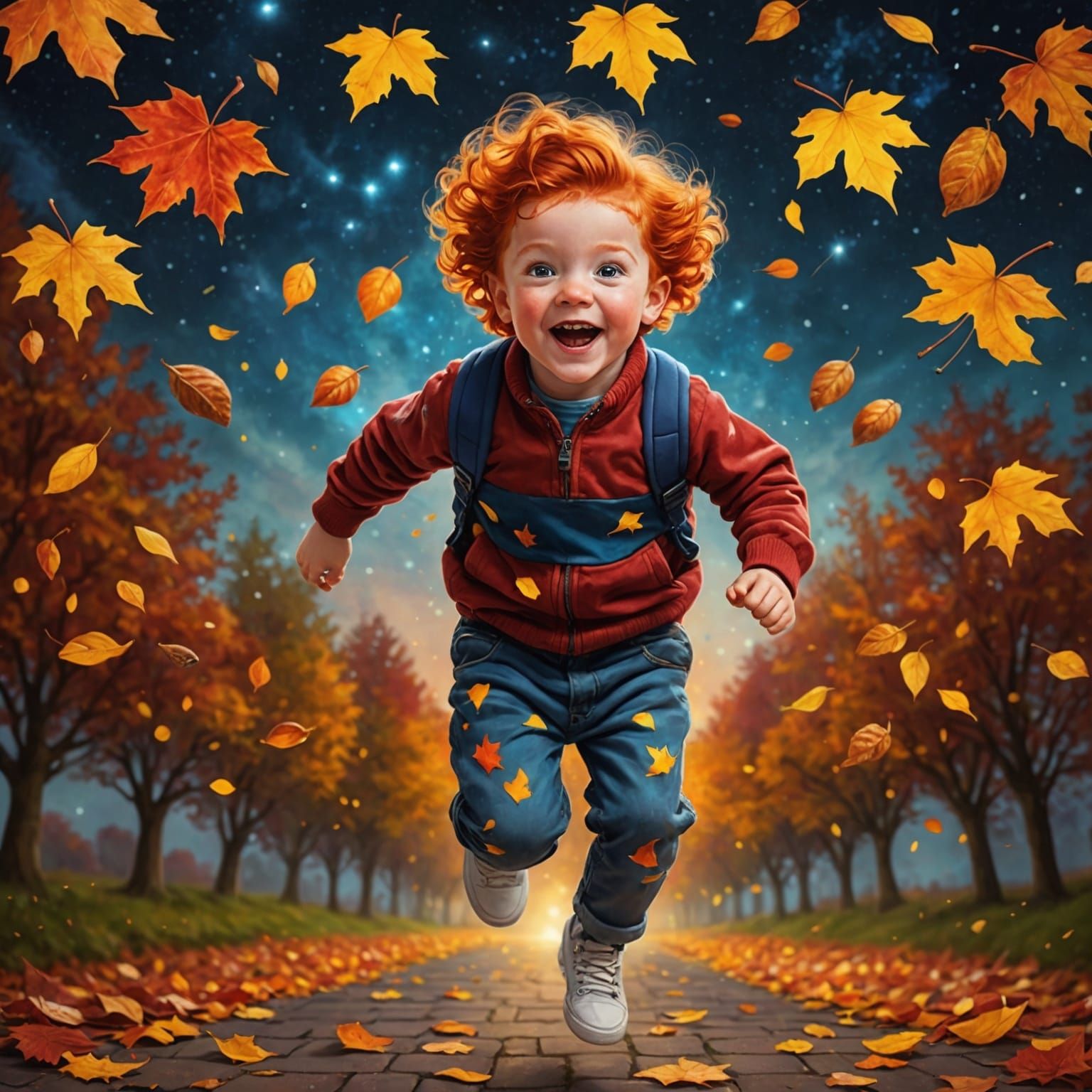 Ecstatic Red-Haired Kid in Autumn Landscape