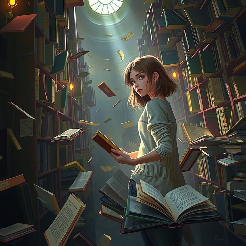 Girl Surrounded by Books in a Grand Library