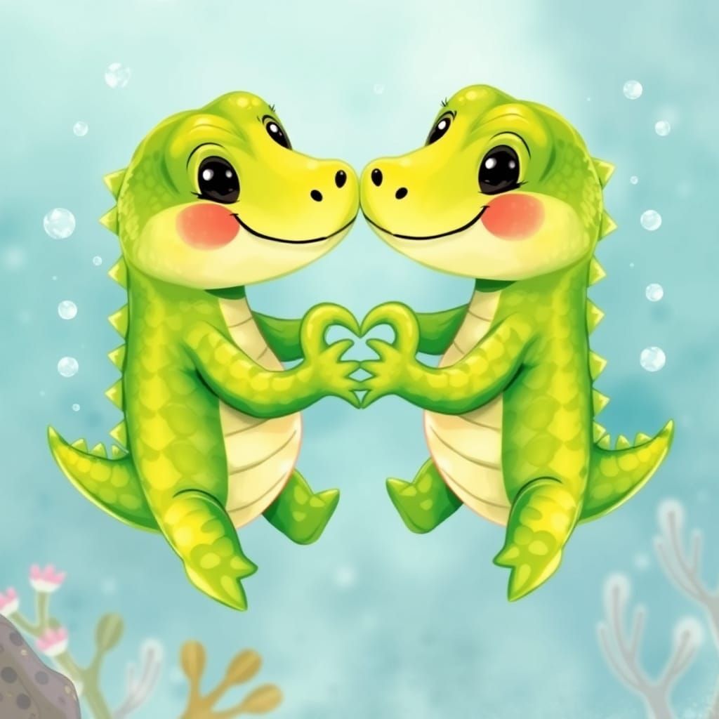 Whimsical Cartoon Crocodiles Entwined in Heart Shape
