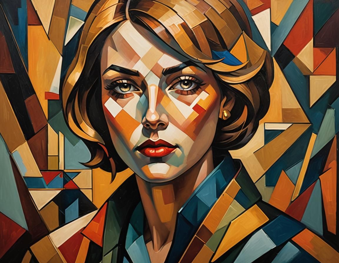 Cubist Portrait in Art Deco Style with Geometric Shapes