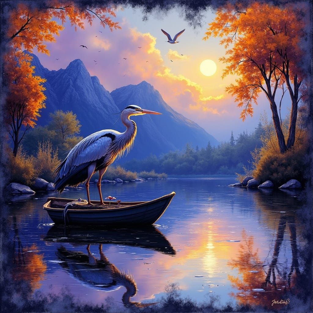 Ethereal Heron on a Boat in Autumn Night
