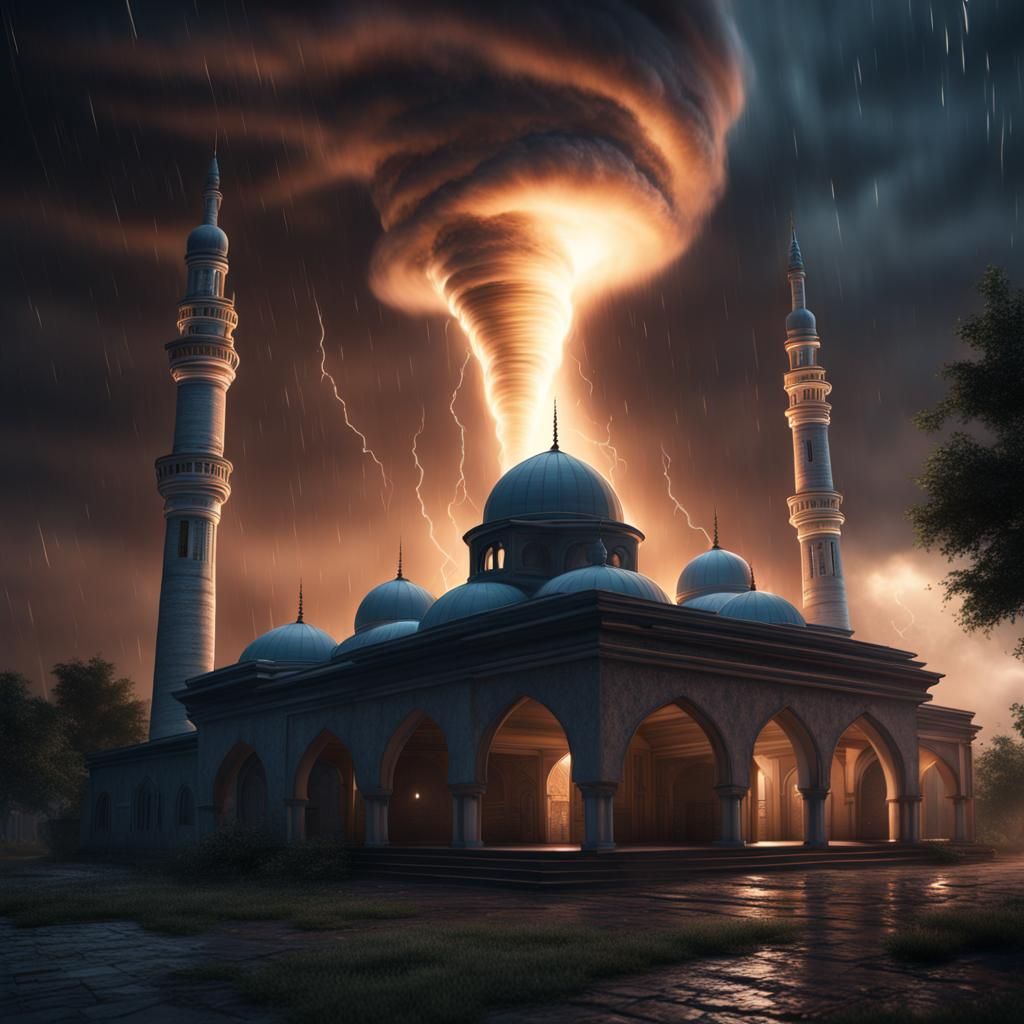 Hyper Realistic Tornado Behind Mosque at Night