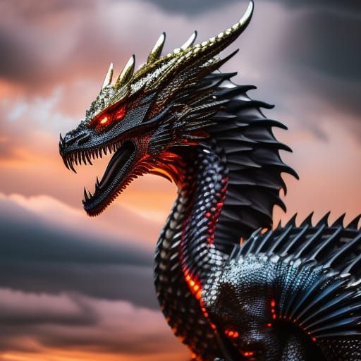 Intricate Chrome Dragon Sketch in Volcanic Landscape