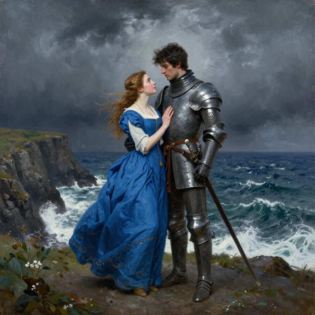 Renaissance Lovers on Stormy Irish Cliff Oil Painting