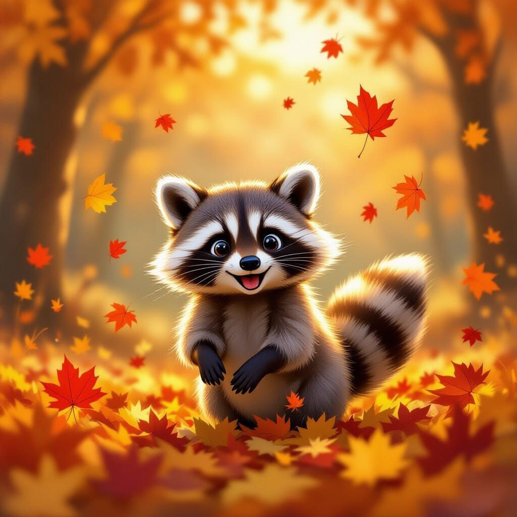 Cozy raccoon playing in autumn golden leaves
