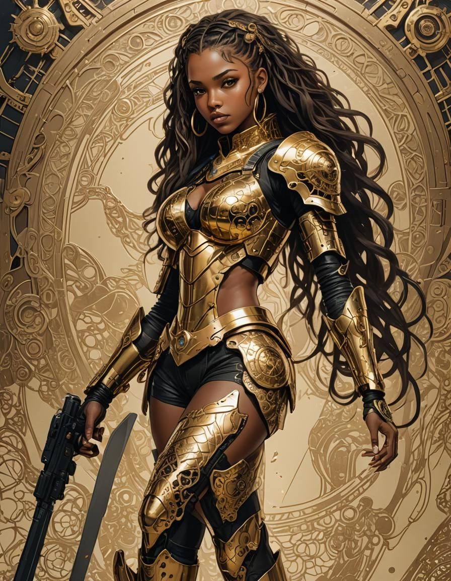 Cyberpunk African American Woman in Golden Lace Armor