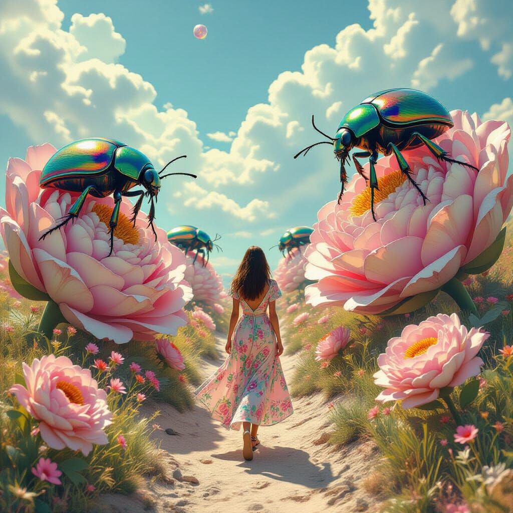 Psychedelic Surreal Landscape with Giant Iridescent Beetles