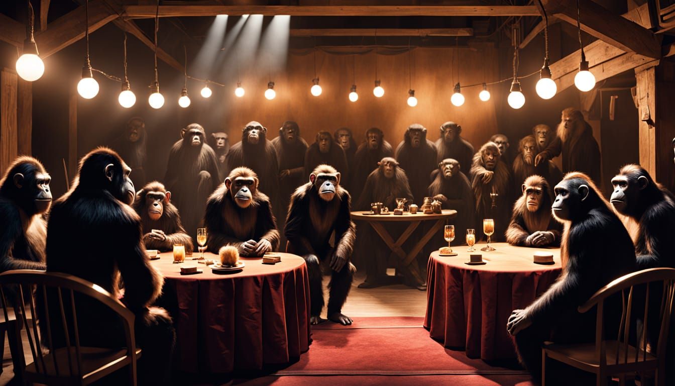 Apes Performing a Play in Dramatic Lighting