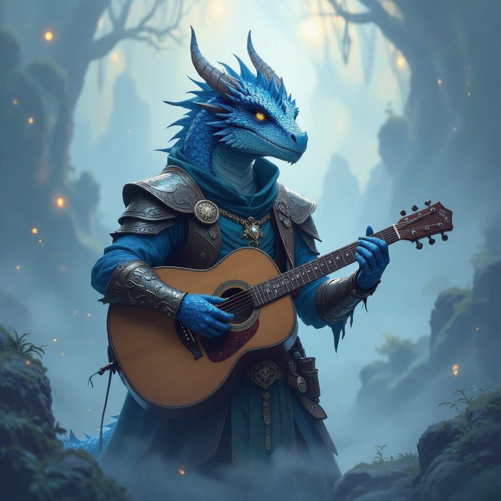 Blue Dragonborn Bard with Guitar in Ethereal Landscape