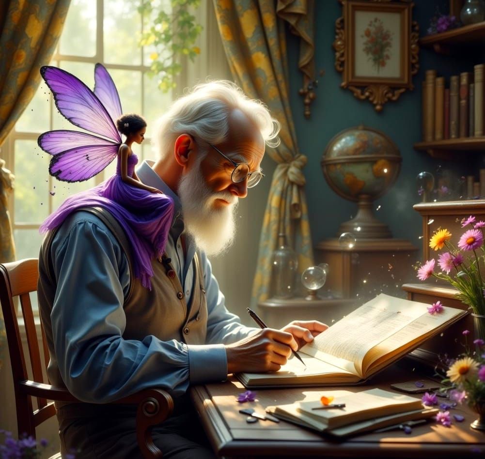 Ethereal Musician and Whimsical Fairy in Antique Setting