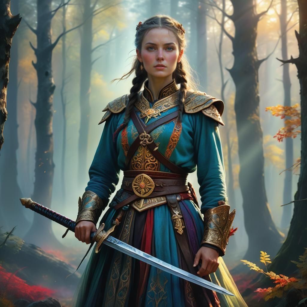 Ethereal Cossack Warrior in Vibrant Fantasy Landscapes