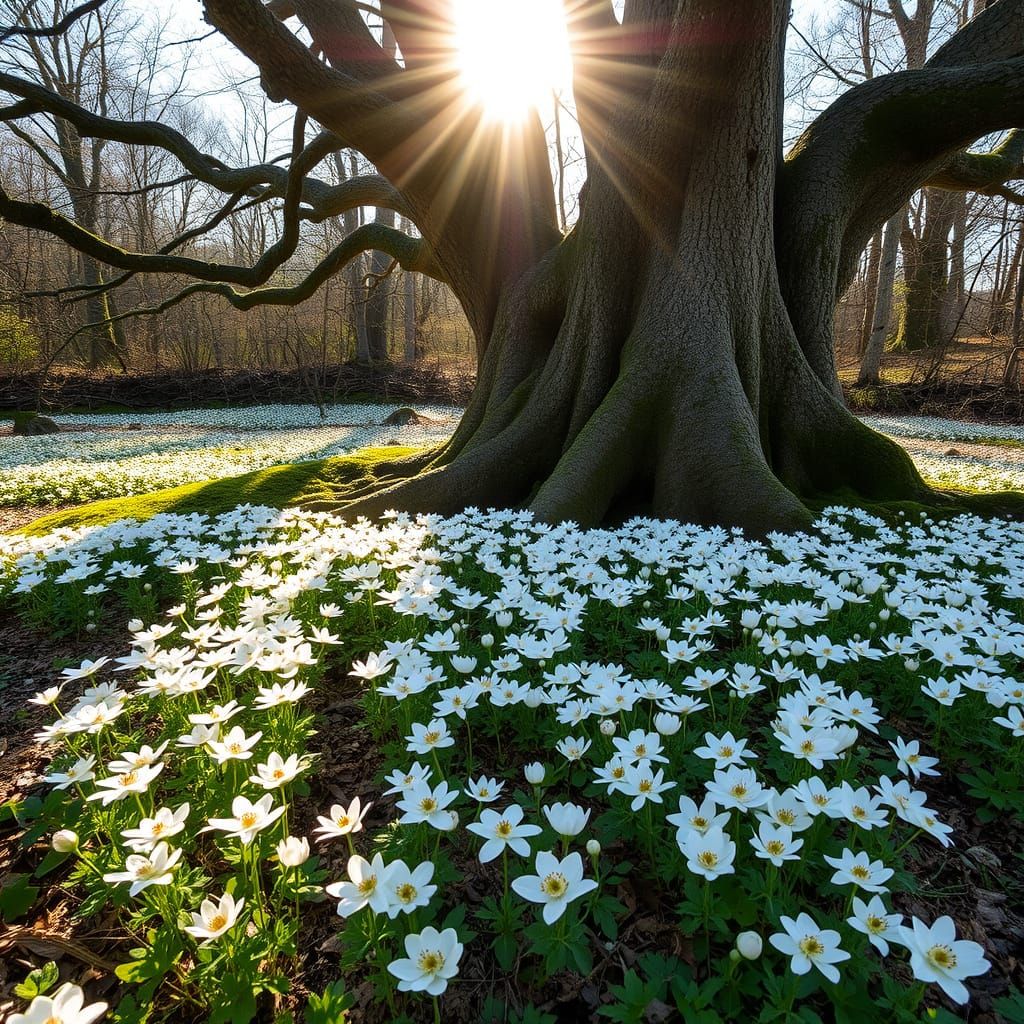 Ancient Tree Enveloped by White Wood Anemones at Dawn