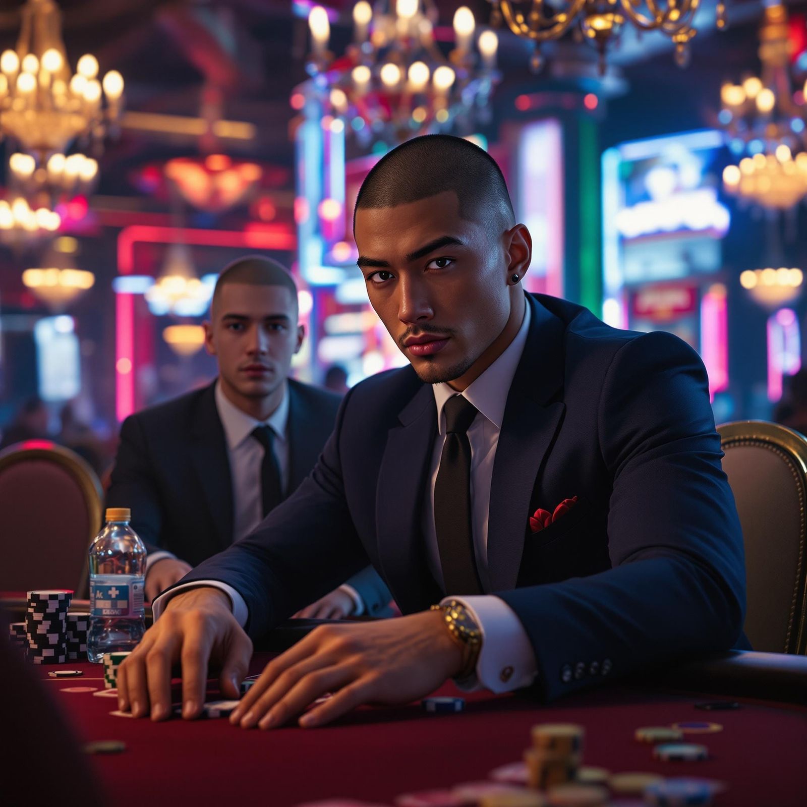 Handsome Asian Athlete at High-Stakes Casino Poker Table