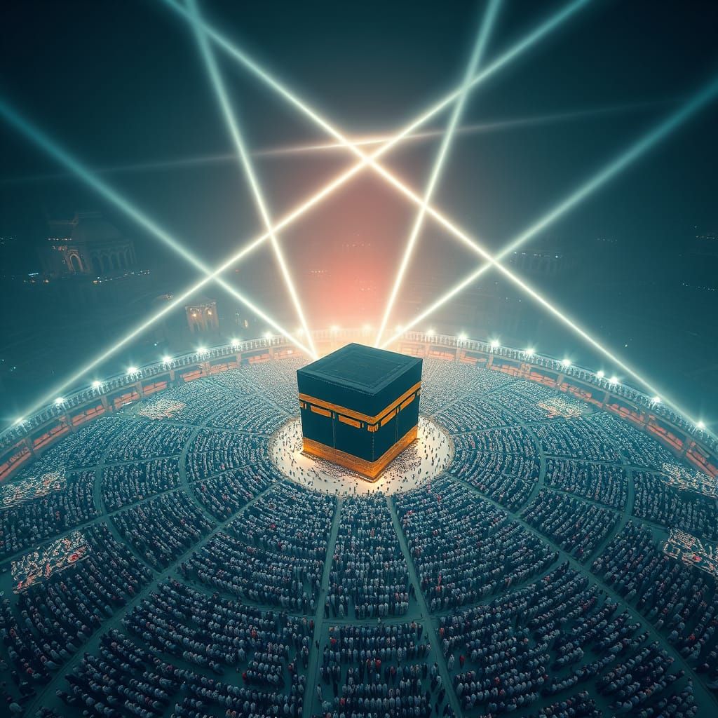 Majestic Holy Mosque in Mecca, with Kaaba and Devotees