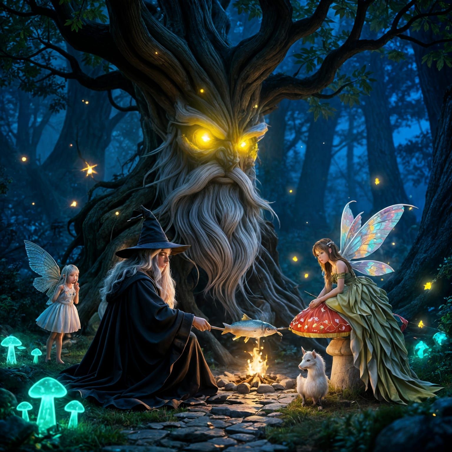 Fairy Tale Scene With Unicorn Hatching and Fish Cooking