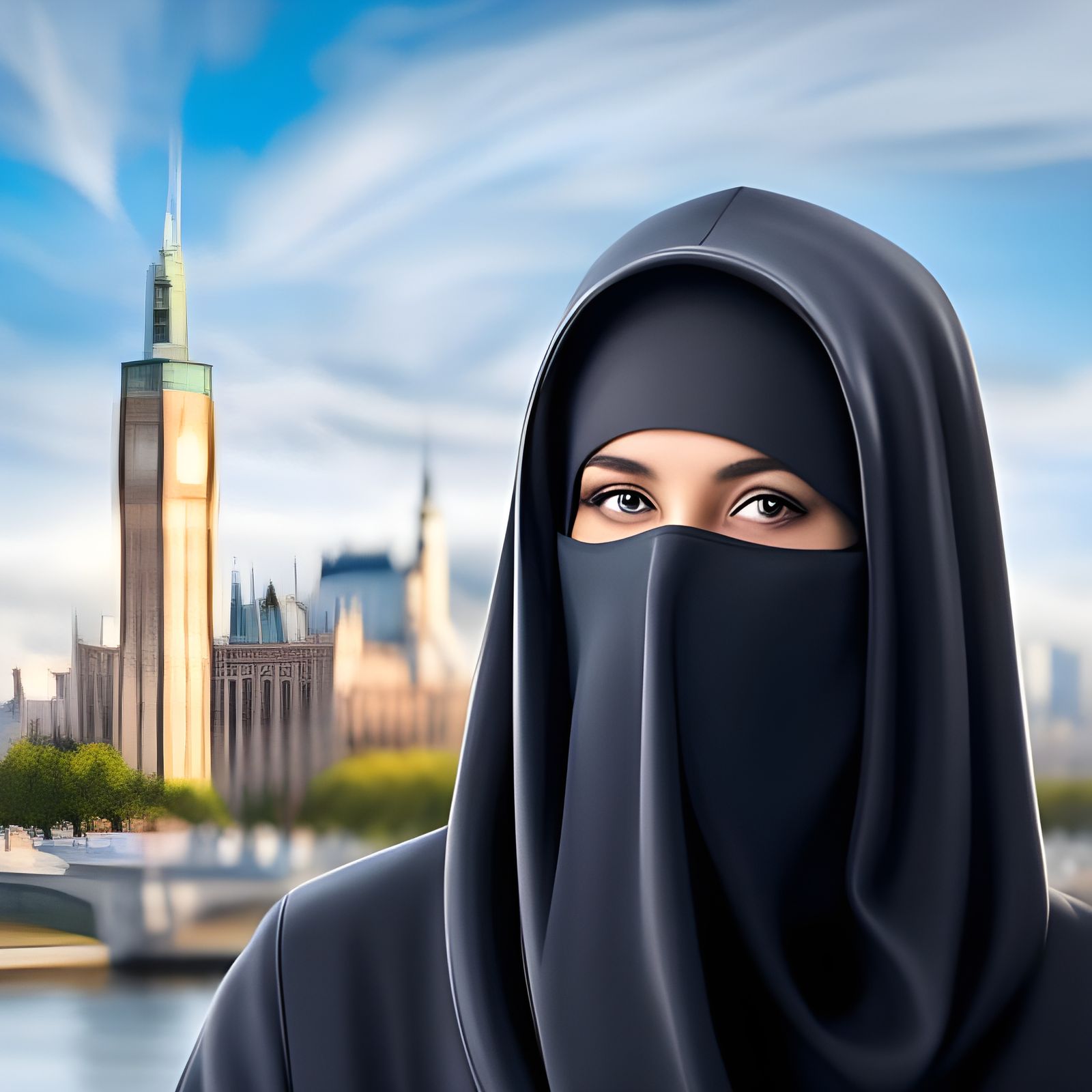 Hyperrealistic Niqab Portrait in Futuristic Cityscape