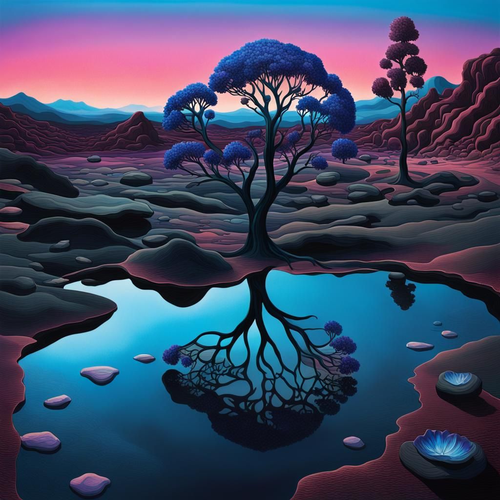 Surreal Dark Flower Blooms in Dream Landscape