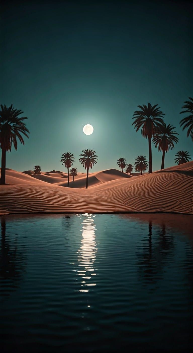 Serene Desert Oasis Under Full Moon