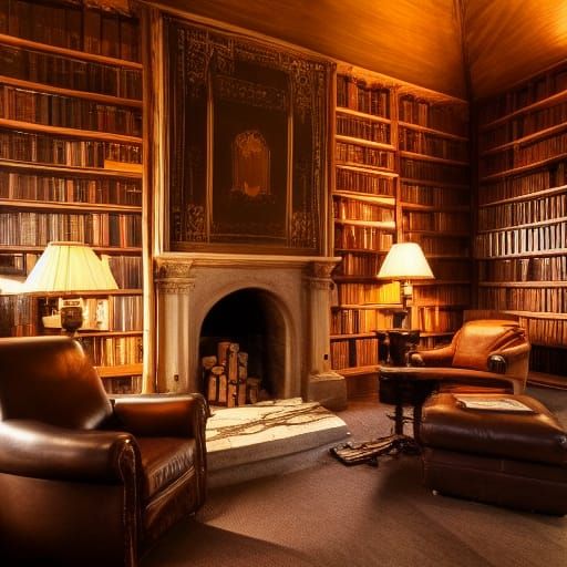 Cozy Castle Library with Fireplace