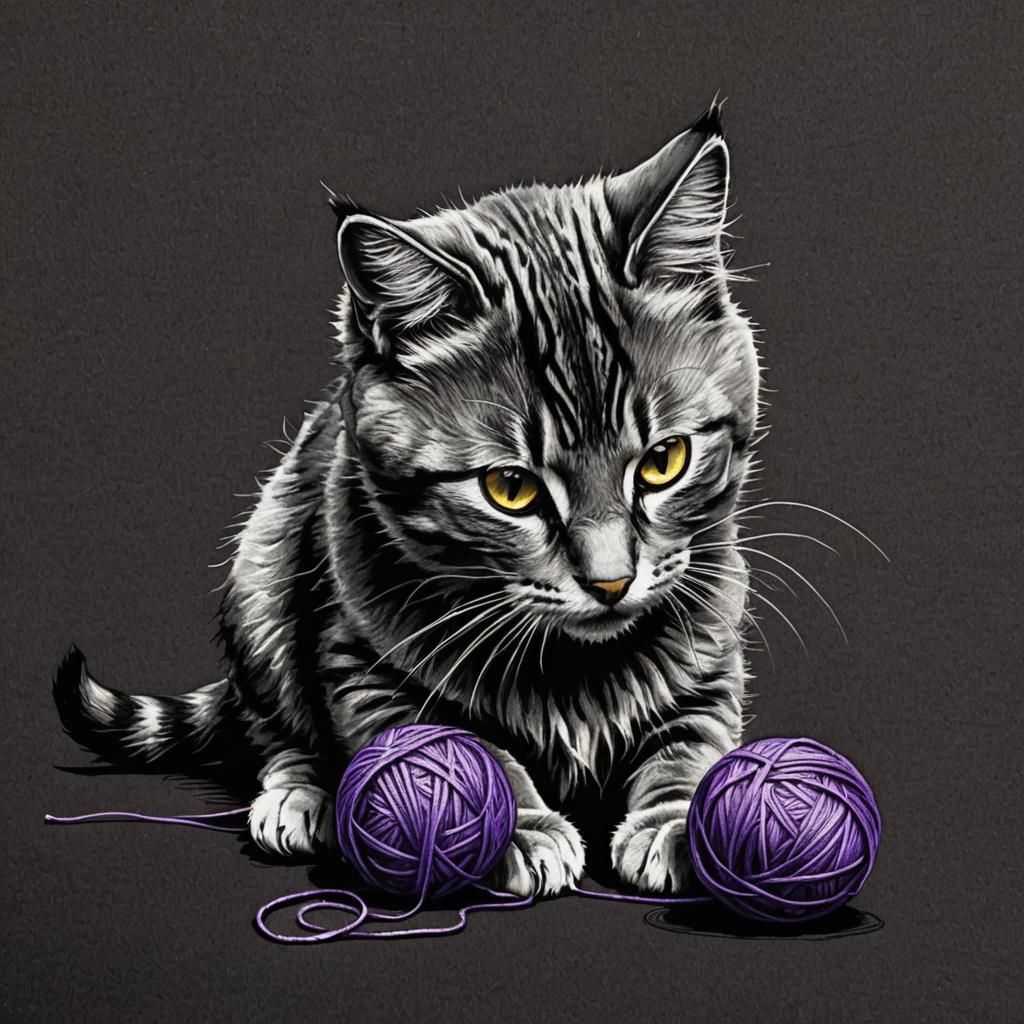 Inked Cat Playing With Purple Yarn Ball