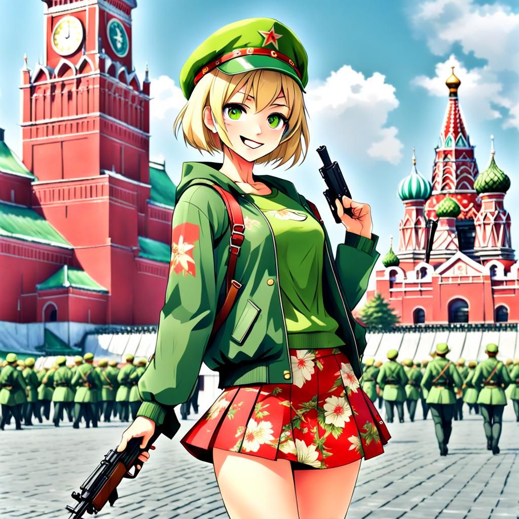 Anime Girl in Red Square with AK47