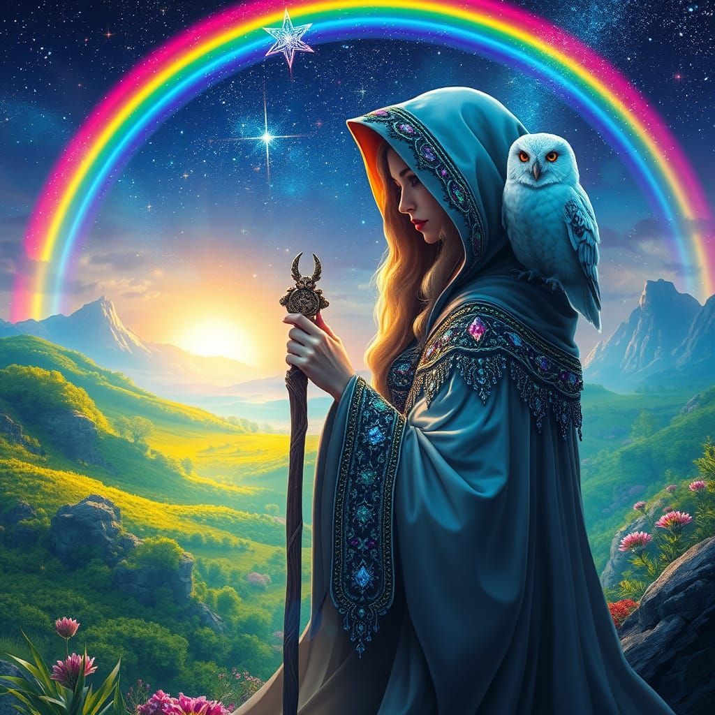 Mystical Oracle in a Vibrant Fantasy Landscape