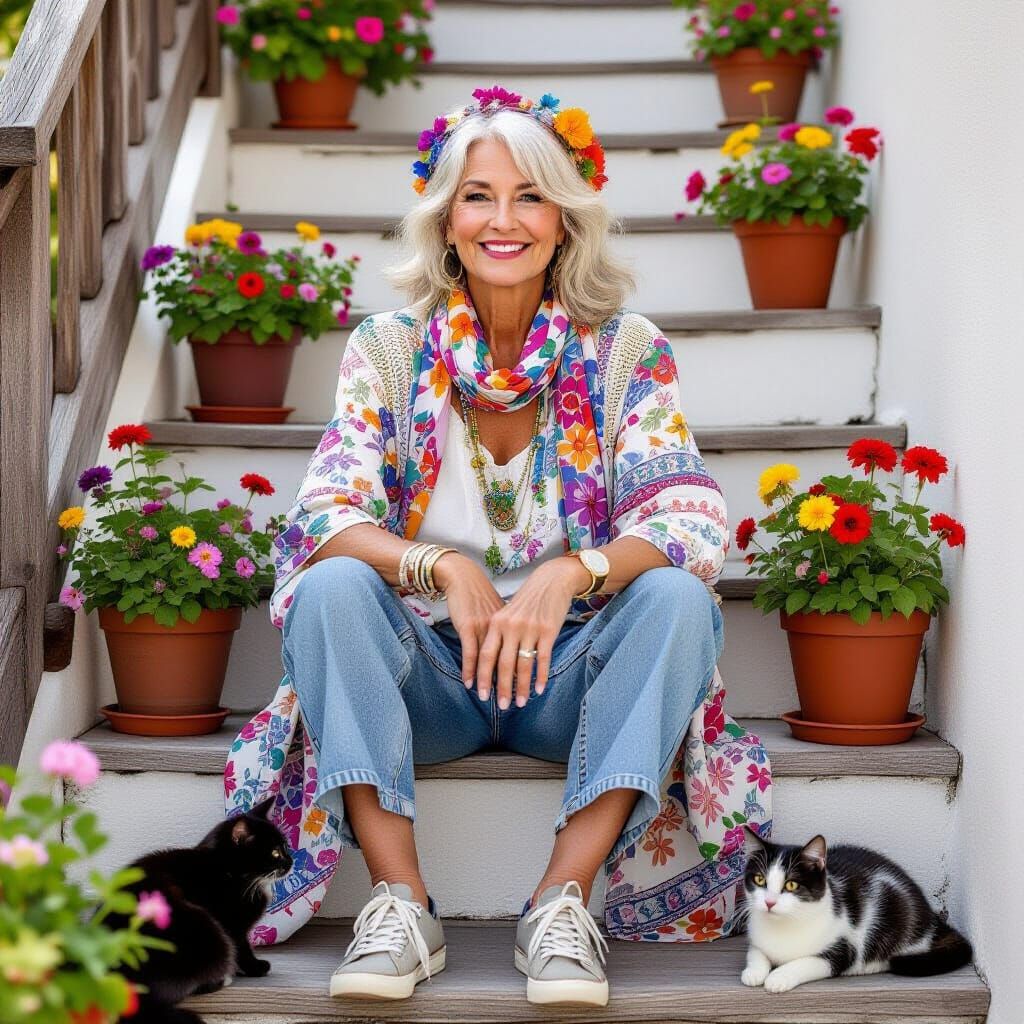 Grandmother with Cat in Whimsical Watercolor Style