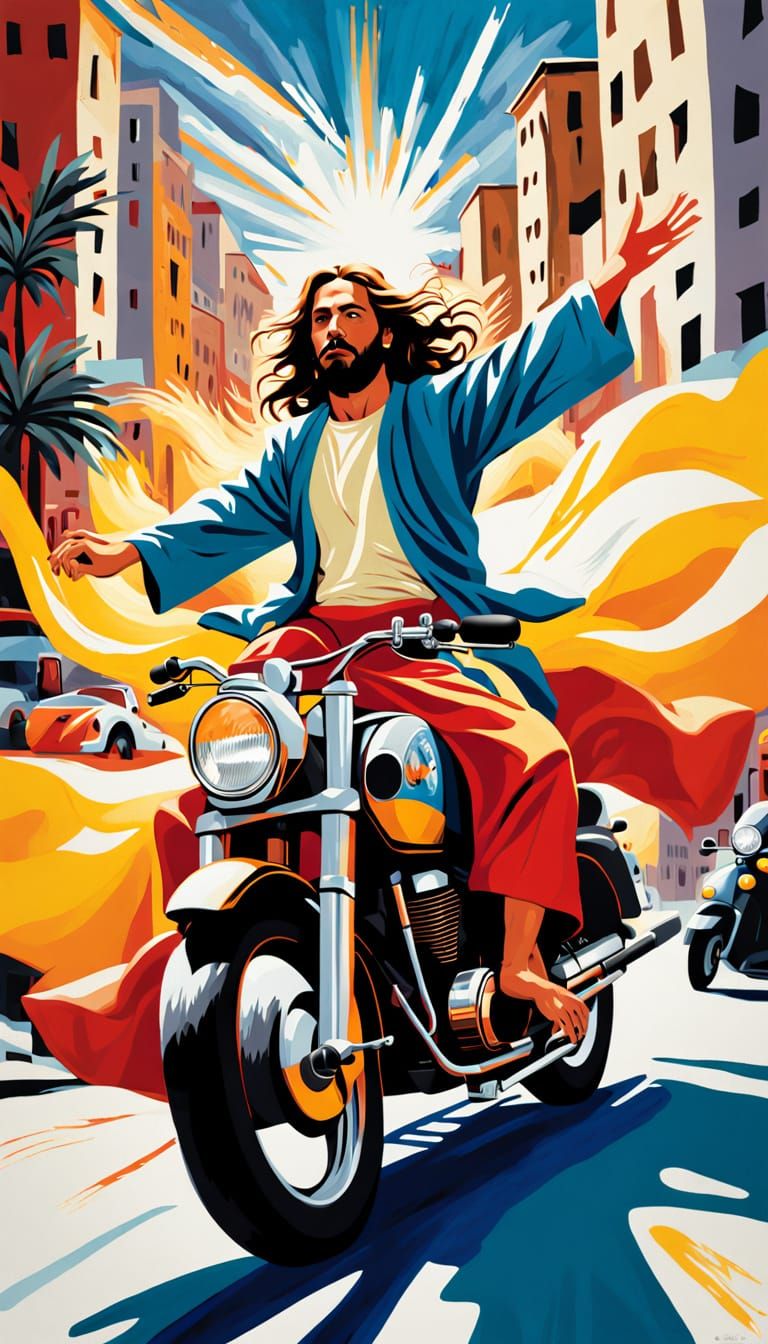 Jesus Christ Rides a Motorbike Through a Vibrant City Street