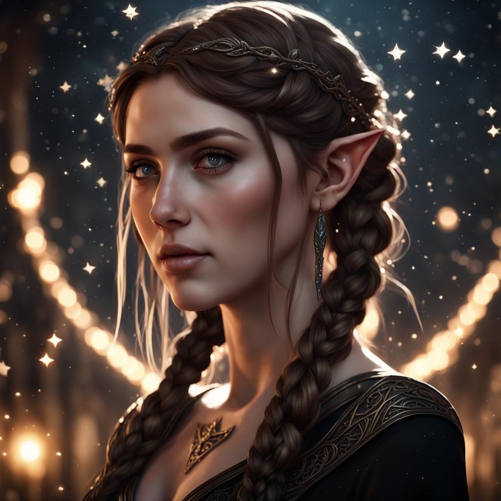 Elven Woman in Star Dress: Dark Fantasy Art